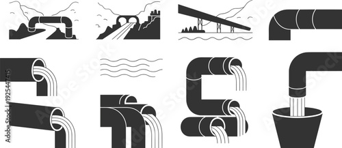Water pipeline infrastructure icons, pipeline vector illustration, water flow system graphics, urban water supply design, engineering pipeline art, drainage symbols collection