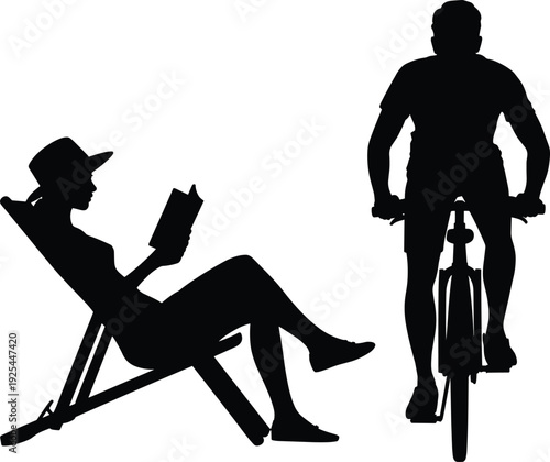 Summer leisure and cycling silhouette set, woman reading on deck chair and man riding bicycle isolated vector illustration