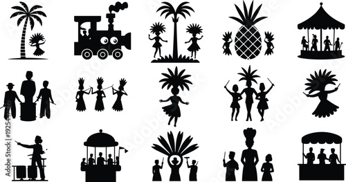 Tropical festival silhouettes, dancing people vector, cultural celebration icons, pineapple parade illustration, carnival art design, festive party silhouettes collection