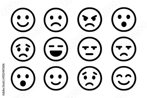 Simple emoticon set featuring various facial expressions in black and white