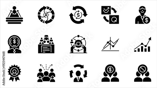 Collection of Business Icons Representing Various Concepts and Ideas in a Simple Black and White Visual Format