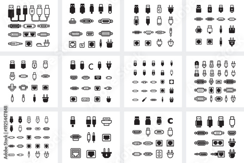 USB Cable Connector and Port Icon Set Black and White Technology Collection Pack Bundle