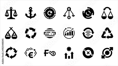 Collection of black icons representing various business and environmental concepts on a clean white background viewed from a straightforward perspective
