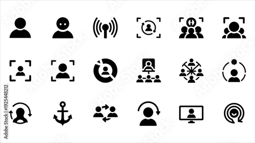 Collection of black icons representing various social issues and people interactions on a clean white background viewed from a straightforward perspective