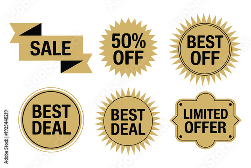 Golden sale and discount labels on a white background