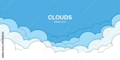 A minimalist paper cut-out style illustration of white fluffy clouds against a bright blue sky.