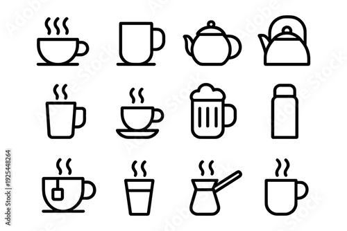 Minimalist outline icons of hot beverages and teapots in various forms