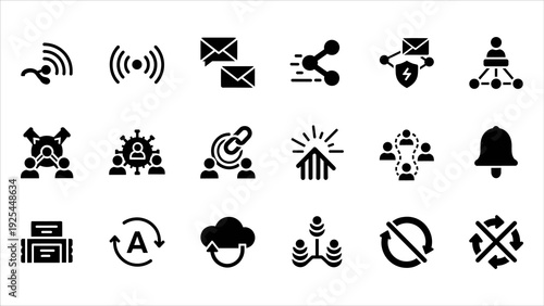 Collection of black icons representing various concepts and symbols on a clean background, viewed directly from the front