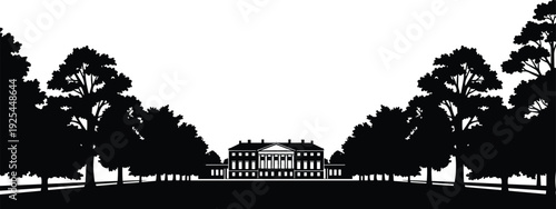 Classic mansion silhouette with tree lined pathway, grand estate building landscape vector illustration isolated on white background