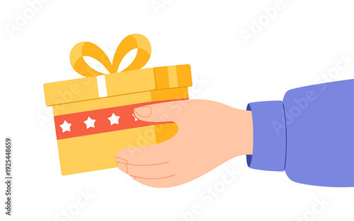Hand holding a gift box with a yellow ribbon and red stripe