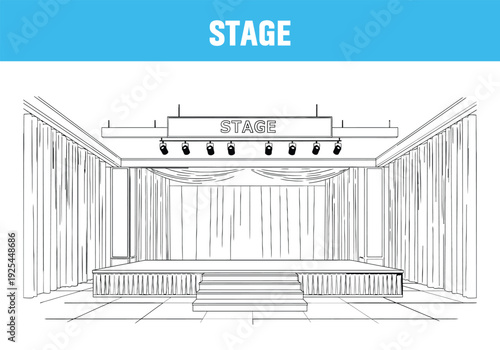 Theatrical stage design blueprint with curtains and proscenium arch