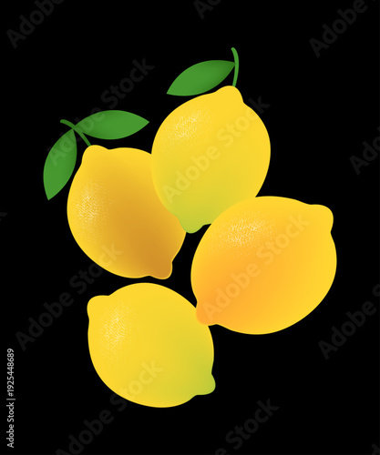 A set of four fresh and yellow lemon illustrations arranged on a black background