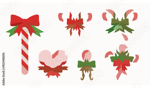 Cartoon Christmas Candy Cane Bundle with Ribbon Bows Wreath and Frame Isolated on White Background