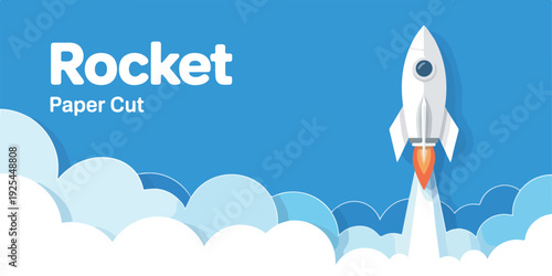 A minimalist paper cut-out style illustration of a white rocket ship launching against a bright blue sky.