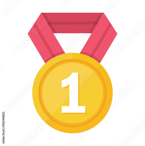 A gold medal with a red ribbon and number one