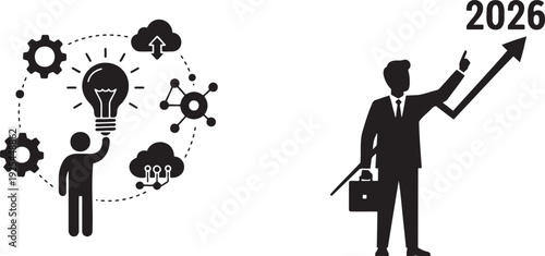 Businessperson with briefcase points to upward trending arrow and year 2026 symbolizing future growth and success next