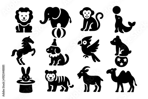 Silhouette collection of circus animals featuring lions, elephants, and more