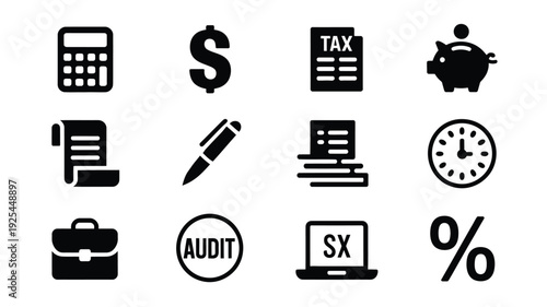 Bundle of 12 tax day silhouette logos and icons for business and finance themes including calculator dollar sign tax form piggy bank clock and more on white background