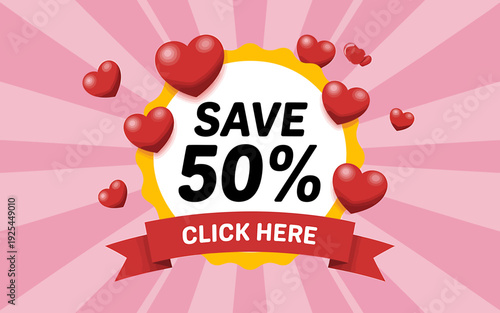 Save fifty percent off sale promotion with hearts and banner on pink background