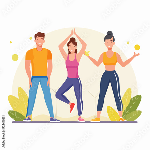 Happy friends in sportswear doing yoga and fitness exercises together