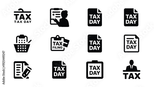 Tax day icons set including filing calendar and paperwork silhouettes on white background for business and finance concepts