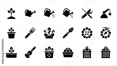 Collection of black gardening icons on white background, including tools and plants, viewed from a straightforward perspective