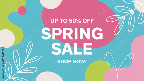 Spring sale advertisement with colorful abstract shapes and leaves on blue background