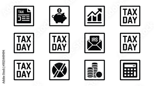 Tax day icons set with finance and accounting symbols logos and graphics for business and irs concepts