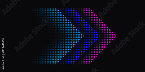 Abstract illustration of three overlapping arrows composed of glowing pixelated dots. Representing digital progress and data flow on a dark background.