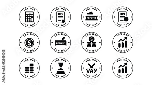 Set of 12 black and white tax day circular badge silhouettes with financial symbols on white background ideal for accounting and finance designs