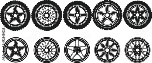 Car wheel rim collection automotive tire and alloy vector illustration set