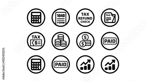 Black and white tax icons set including calculator refund check paid bills and financial graphs on clean white background for business and finance concepts