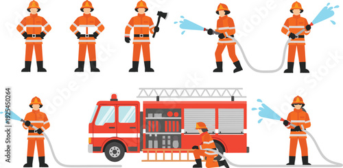 Firefighter Team with Fire Truck and Water Hose Rescue Service Vector Illustration Set