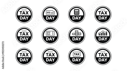 Set of 12 black and white tax day circular badges with various icons on white background for finance and accounting