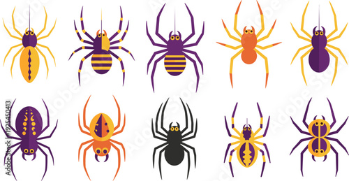 Flat Design Spider Vector Set with Colorful Purple and Orange Arachnid Characters for Halloween Decorations, Spooky Party Invitations, and Creepy Crawly Nature Illustrations