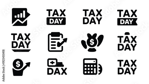 Tax day logo bundle black and white silhouette icons finance and accounting symbols white background various tax related graphics professional design