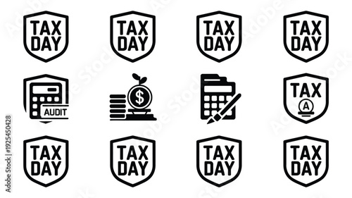Tax day shield emblems and financial icons black silhouettes on white background for business and accounting concepts