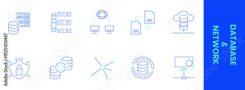 Modern flat line icon set illustrating database, network, cloud storage, data transfer, security, synchronization, and server connections for technology and IT infrastructure concepts.