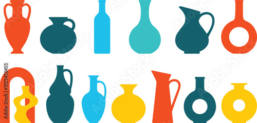 Modern Minimalist Pottery Silhouette Vector Set with Colorful Ceramic Vases, Pitchers, and Greek Amphoras for Home Decor Branding and Mid Century Interior Graphic Designs