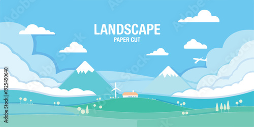A paper cut-out style digital illustration of a serene landscape with three blue mountains in the background.