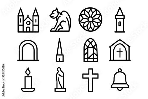 Gothic architecture icons set: cathedral, gargoyle, stained glass, cross, candle, bell