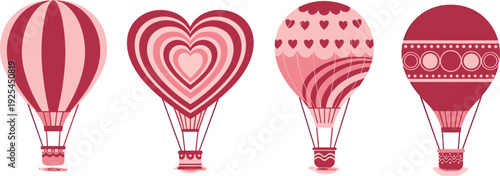 Set of Hand Drawn Pink and Red Hot Air Balloon Vectors with Heart Patterns and Decorative Stripes for Valentine Day, Wedding Invitations, and Romantic Greeting Cards