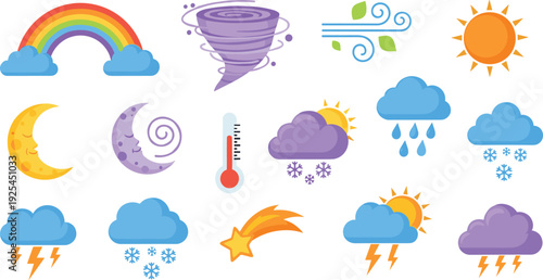 Colorful Weather Icon Set Featuring Sun, Clouds, Rain, Snow, Rainbow, Tornado, Moon, and Lightning for Mobile Apps, Forecast Widgets, and Educational Graphic Designs