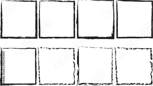 Set of eight hand drawn black rectangular frames with grunge textures and distressed brush stroke borders on white background