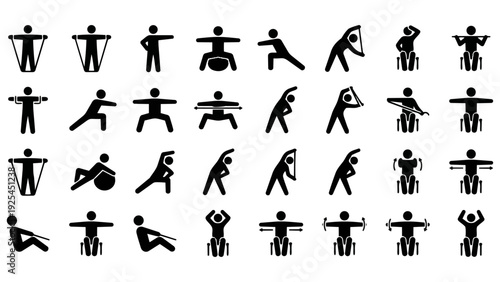 ゆったりと体操やストレッチを行う、カラフルでなめらかな質感のピクトグラムセットです。健康促進のポスターやリハビリ施設の案内動画、SNSのフィットネス発信などに最適です。見る人に安らぎと活力を与えます。