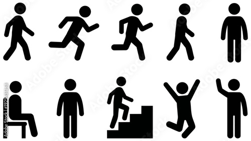 すいすいと様々なアクションをとるピクトグラムのセットです。フラットなデザインは、動画の解説シーンやビジネス資料の図解に最適です。日々の活動や前進する動きを通じて、見る人に未来への成長と活力を感じさせます。