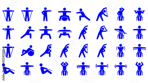 ゆったりと体操やストレッチを行う、カラフルでなめらかな質感のピクトグラムセットです。健康促進のポスターやリハビリ施設の案内動画、SNSのフィットネス発信などに最適です。見る人に安らぎと活力を与えます。