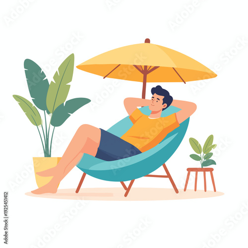 Man relaxing on a lounge chair under a yellow umbrella beside potted plants on a sunny day