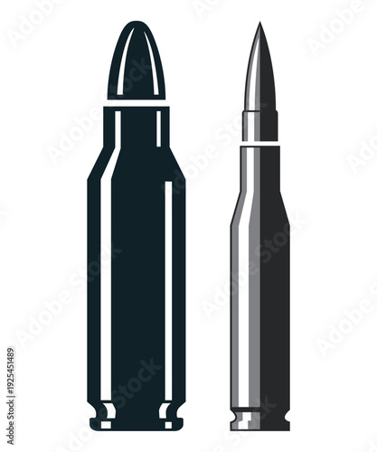 brass rifle ammunition cartridges and lead metal bullets on a white background representing military caliber ammo and army weapon danger