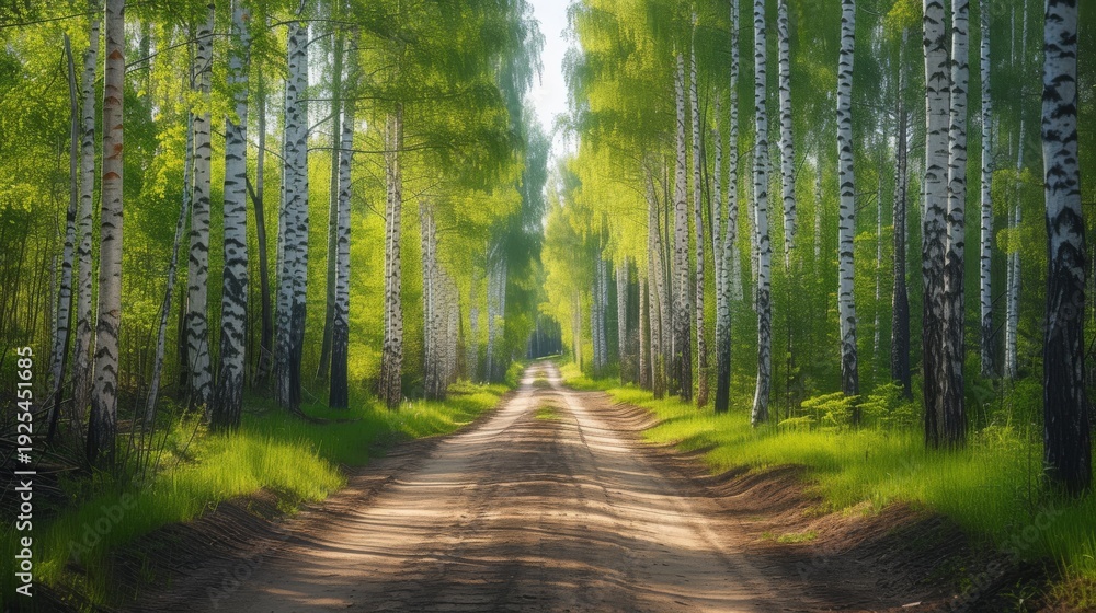 Fototapeta premium Peaceful dirt road through a lush birch forest